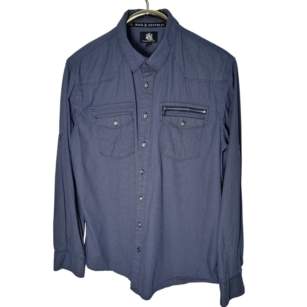 Rock & Republic Mens XL Cotton Blue Dotted Button Up Long Sleeve Shirt Zippers